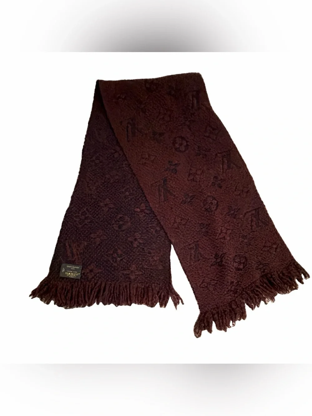 Authentic Louis Vuitton Brown Monogram Knit Fringe Scarf 51x11 MPN 413287 wool